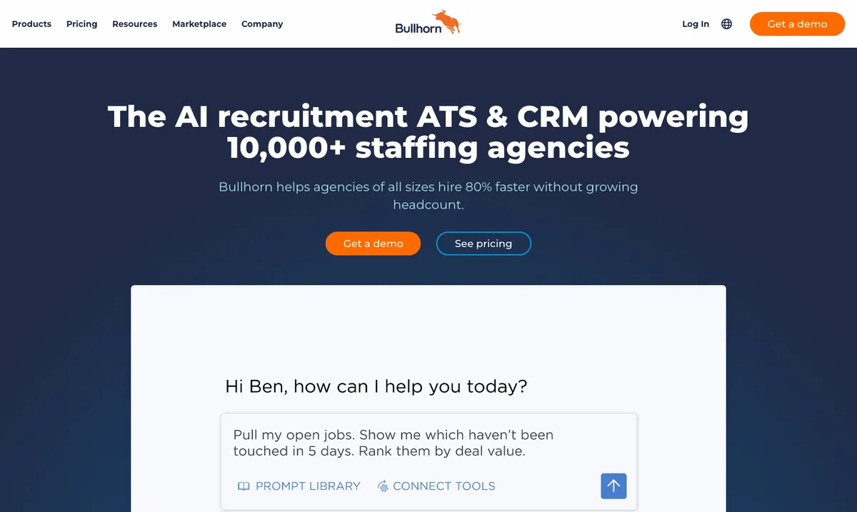 Page d'accueil de Bullhorn, logiciel de recrutement pour agences et travail temporaire