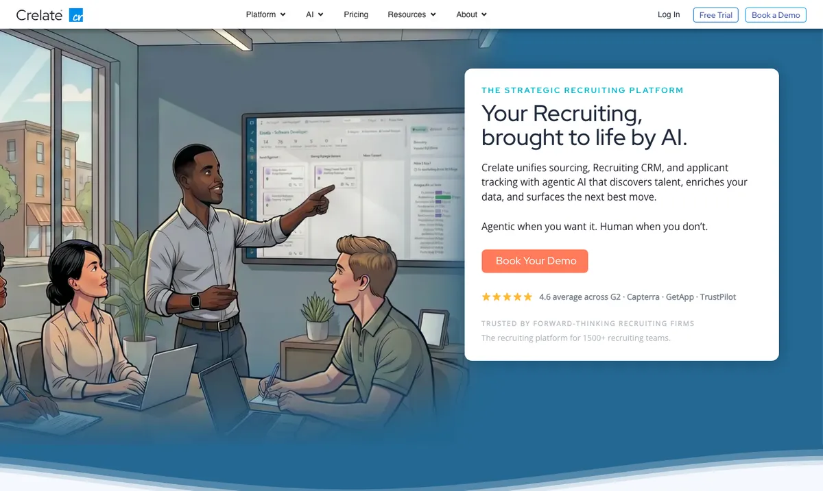Page d'accueil de Crelate, ATS et CRM pour cabinets de recrutement boutique