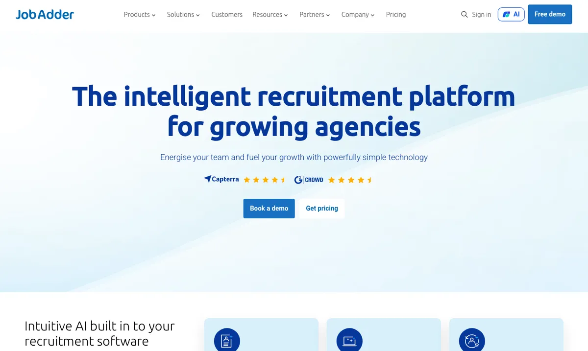 Page d'accueil de JobAdder, plateforme de recrutement et de diffusion d'offres