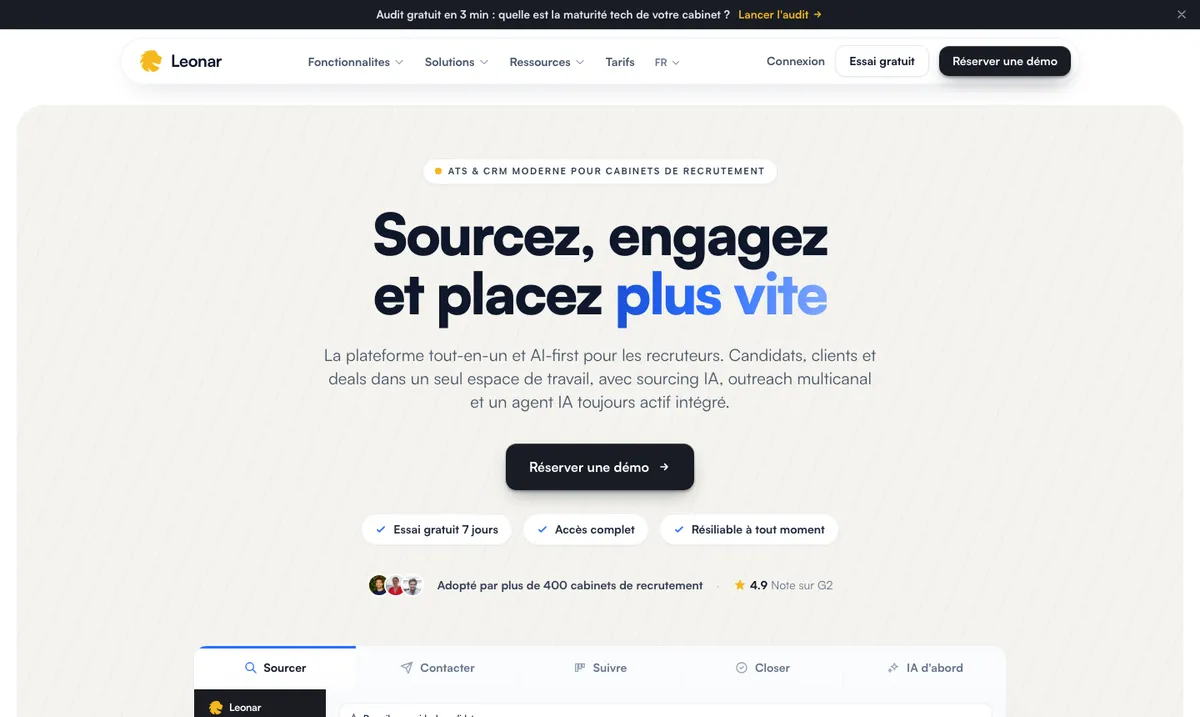 Page d'accueil de Leonar, plateforme de sourcing et CRM de recrutement