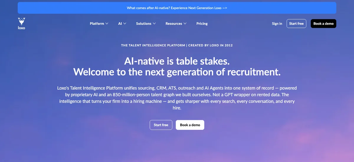 Page d'accueil de Loxo, plateforme de talent intelligence pour la chasse de têtes