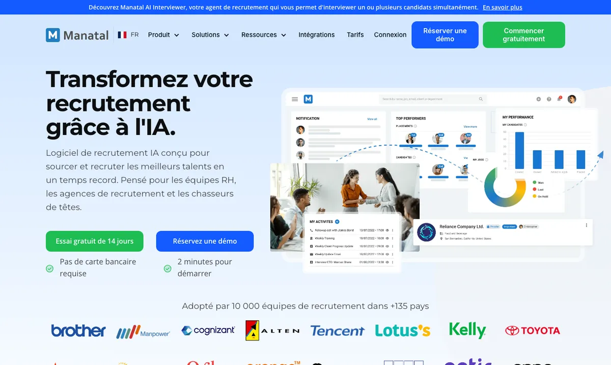 Page d'accueil de Manatal, logiciel de recrutement assisté par IA