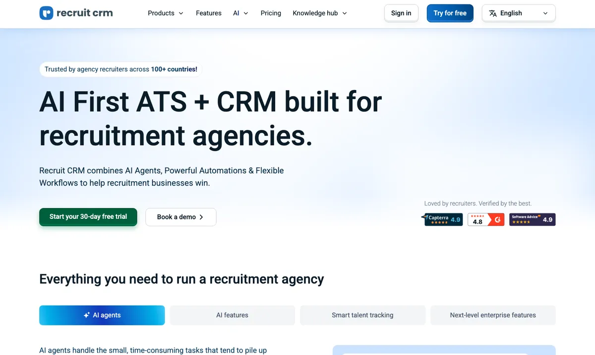 Page d'accueil de Recruit CRM, ATS et CRM pour cabinets de recrutement
