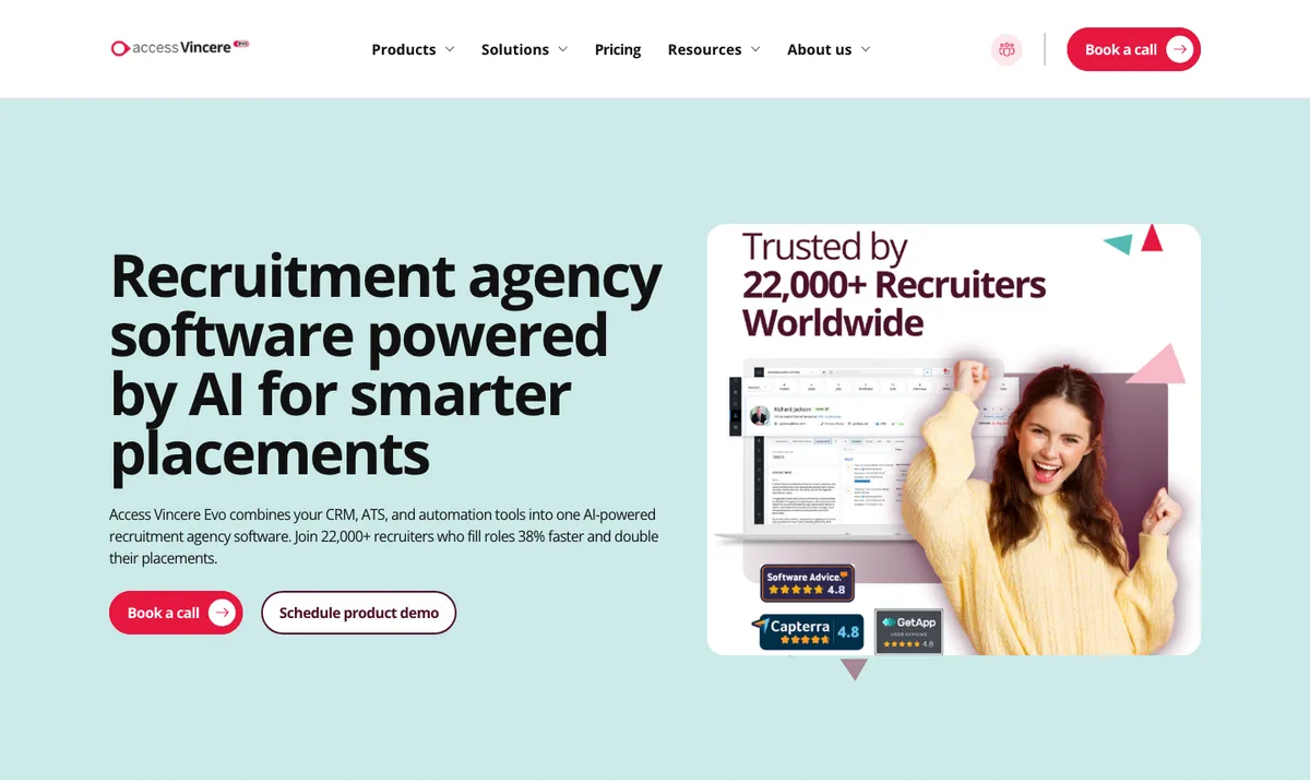 Page d'accueil de Vincere, logiciel de recrutement pour agences internationales