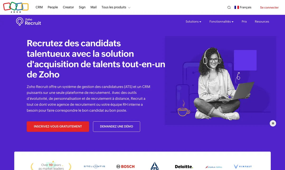 Page d'accueil de Zoho Recruit, ATS et CRM de la suite Zoho