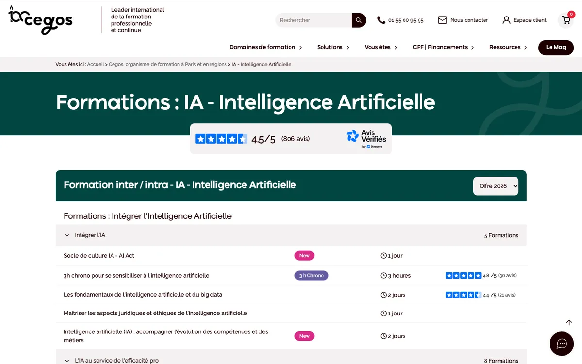 Catalogue des formations Intelligence Artificielle de Cegos, avec les modules d'une à deux journées