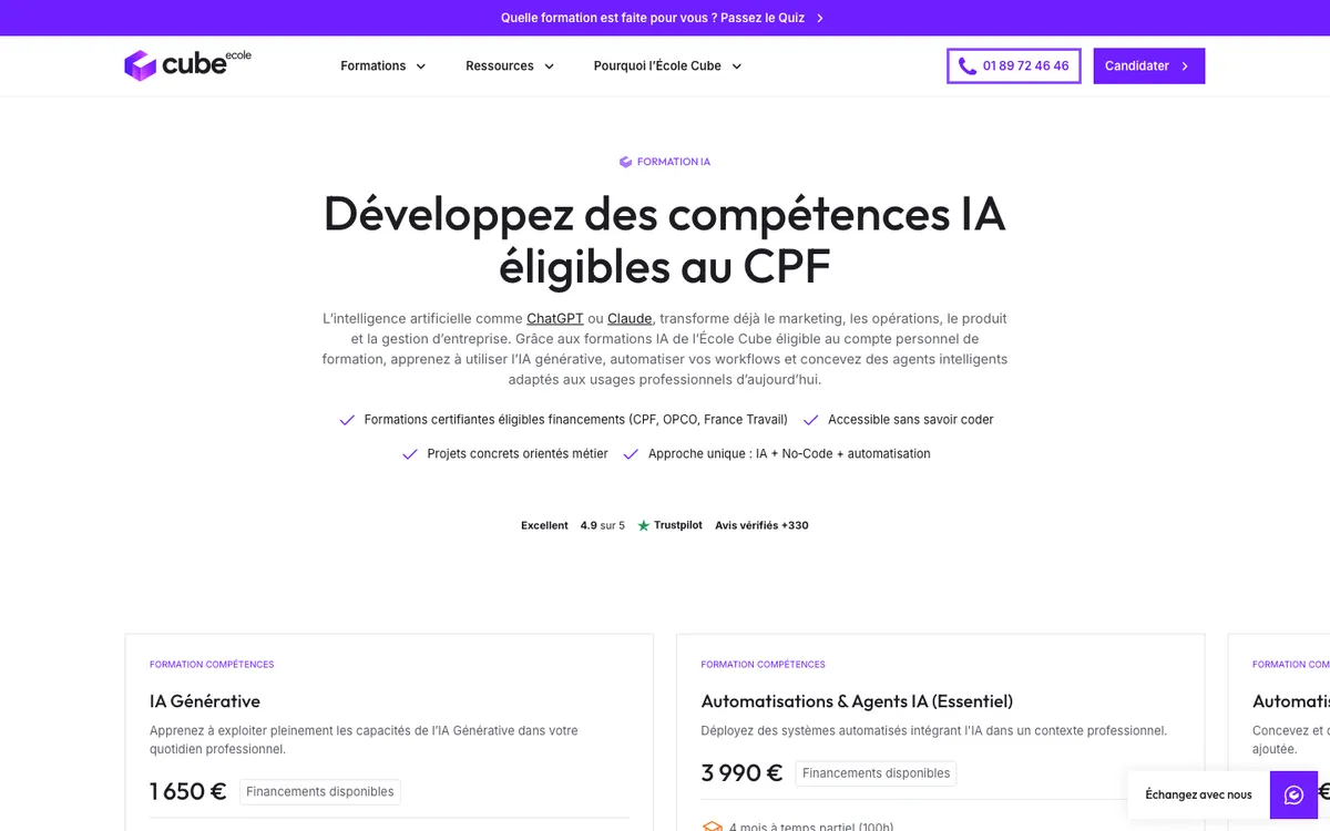 Page des formations IA de l'École Cube : formations compétences IA Générative, Automatisations & Agents IA et Gestion de projet IA