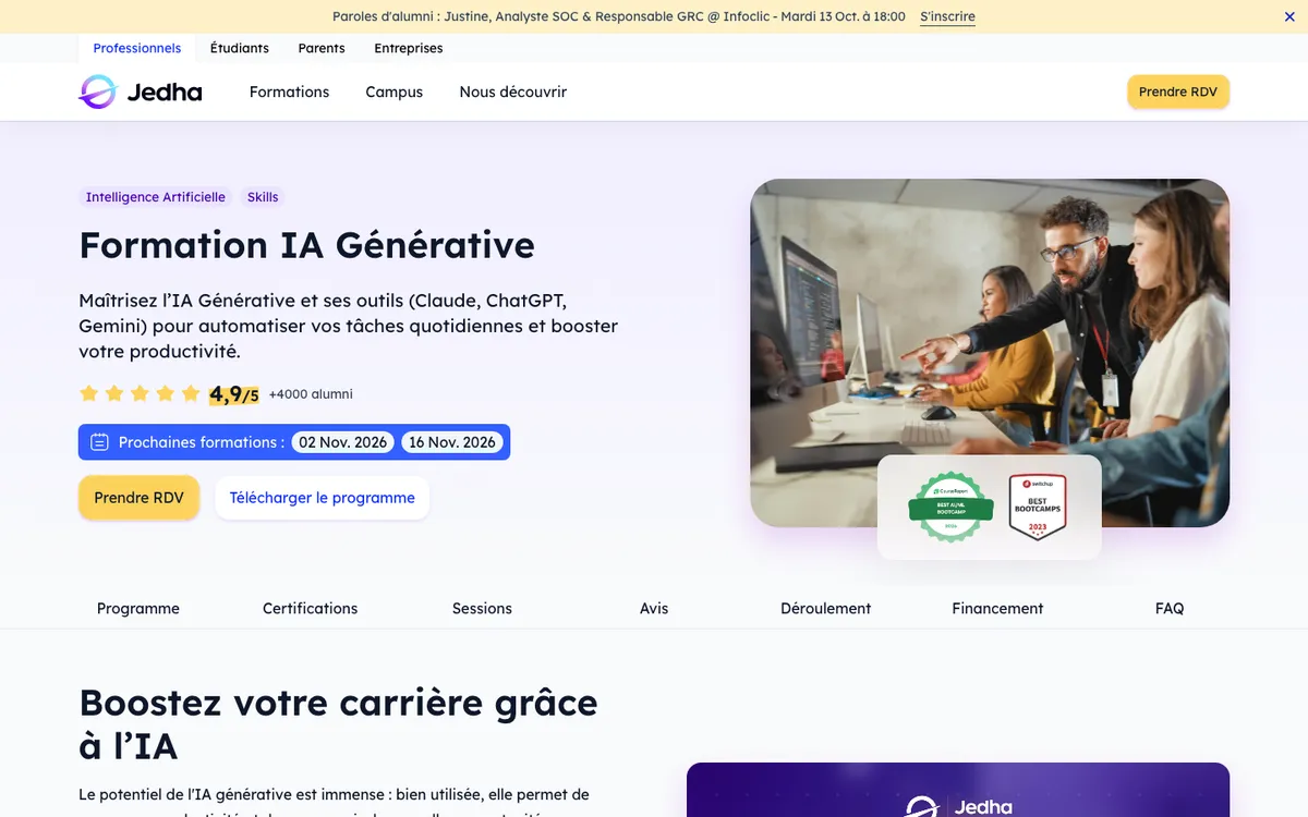 Page de la formation IA Générative de Jedha, consacrée aux outils Claude, ChatGPT et Gemini