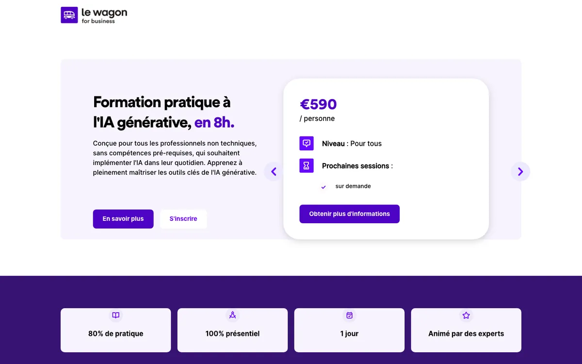 Page de la formation pratique à l'IA générative en 8 heures de Le Wagon for Business, à 590 € par personne