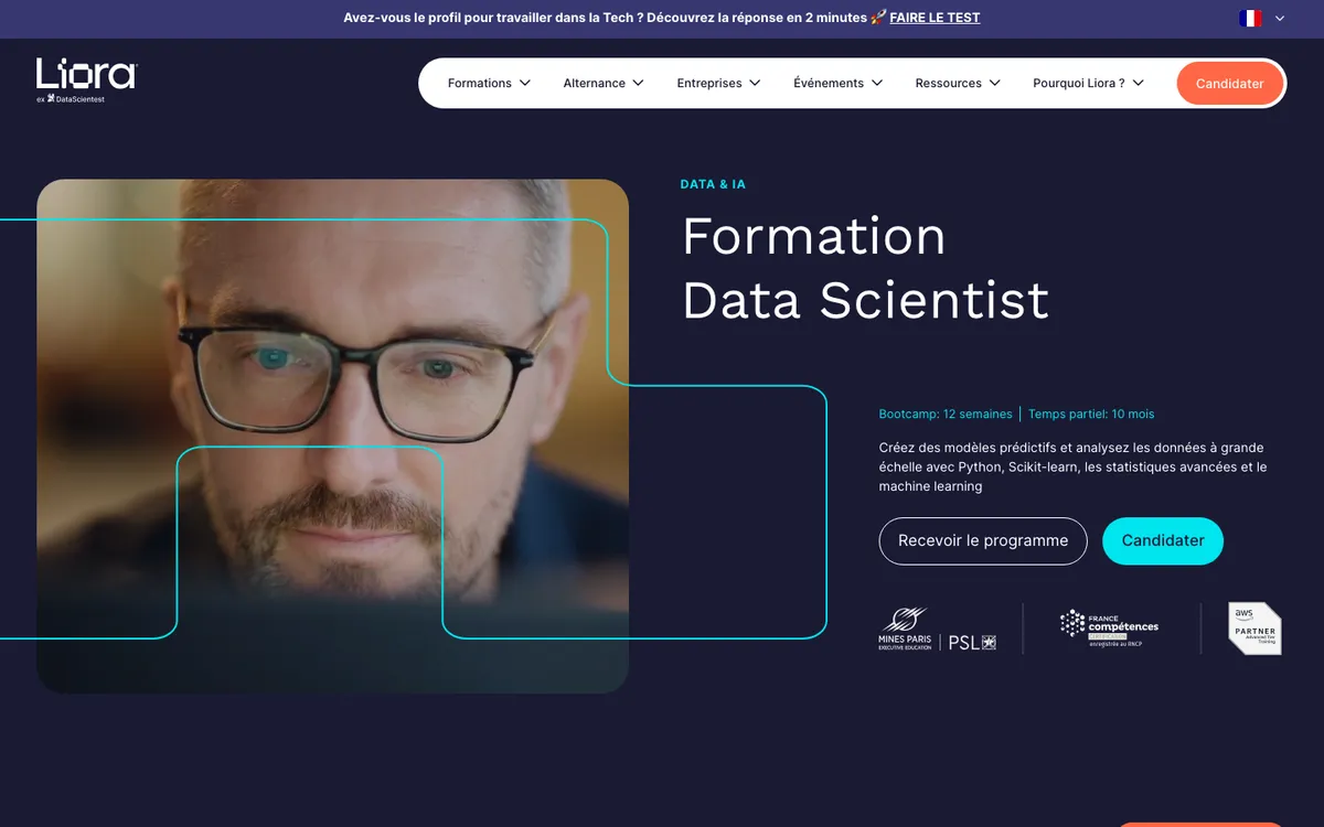 Page de la formation Data Scientist de Liora (ex DataScientest), en bootcamp de 12 semaines ou à temps partiel