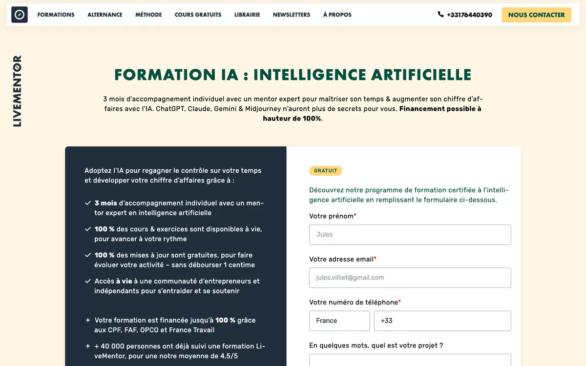 Page de la formation IA de LiveMentor, avec trois mois d'accompagnement individuel par un mentor expert