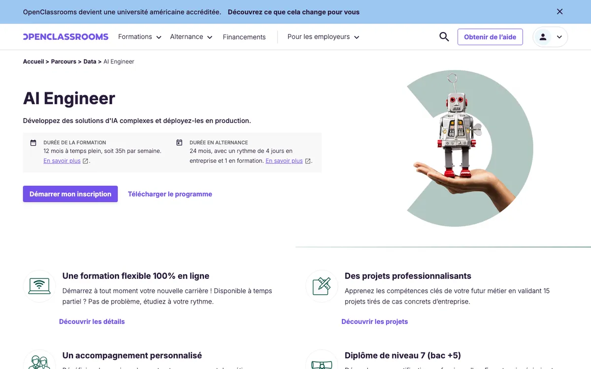 Page du parcours AI Engineer d'OpenClassrooms, 100 % en ligne ou en alternance